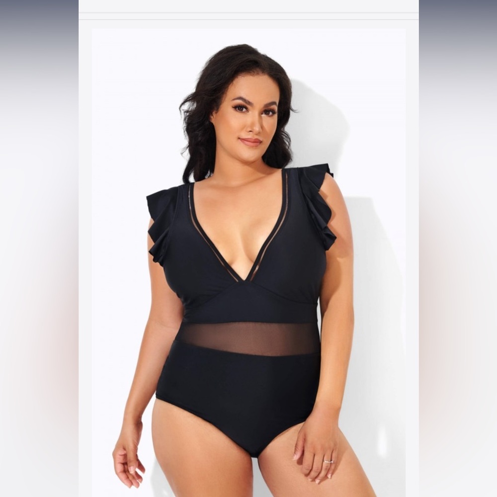 Black Ruffle Plunge V Neck One Piece Swimsuit - size 4x